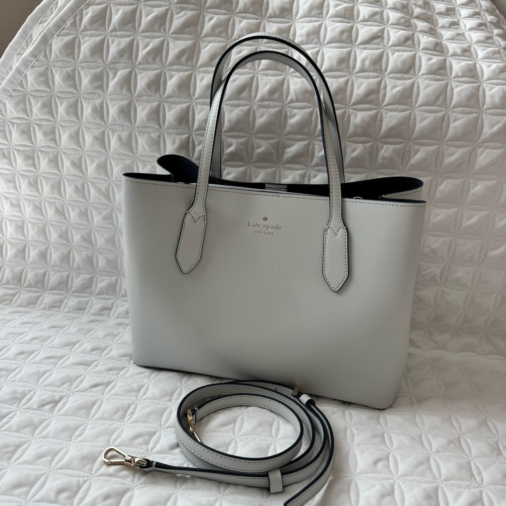 NWT Kate Spade Harper Satchel Bag in Moonlight Gray Leather Navy Interior.